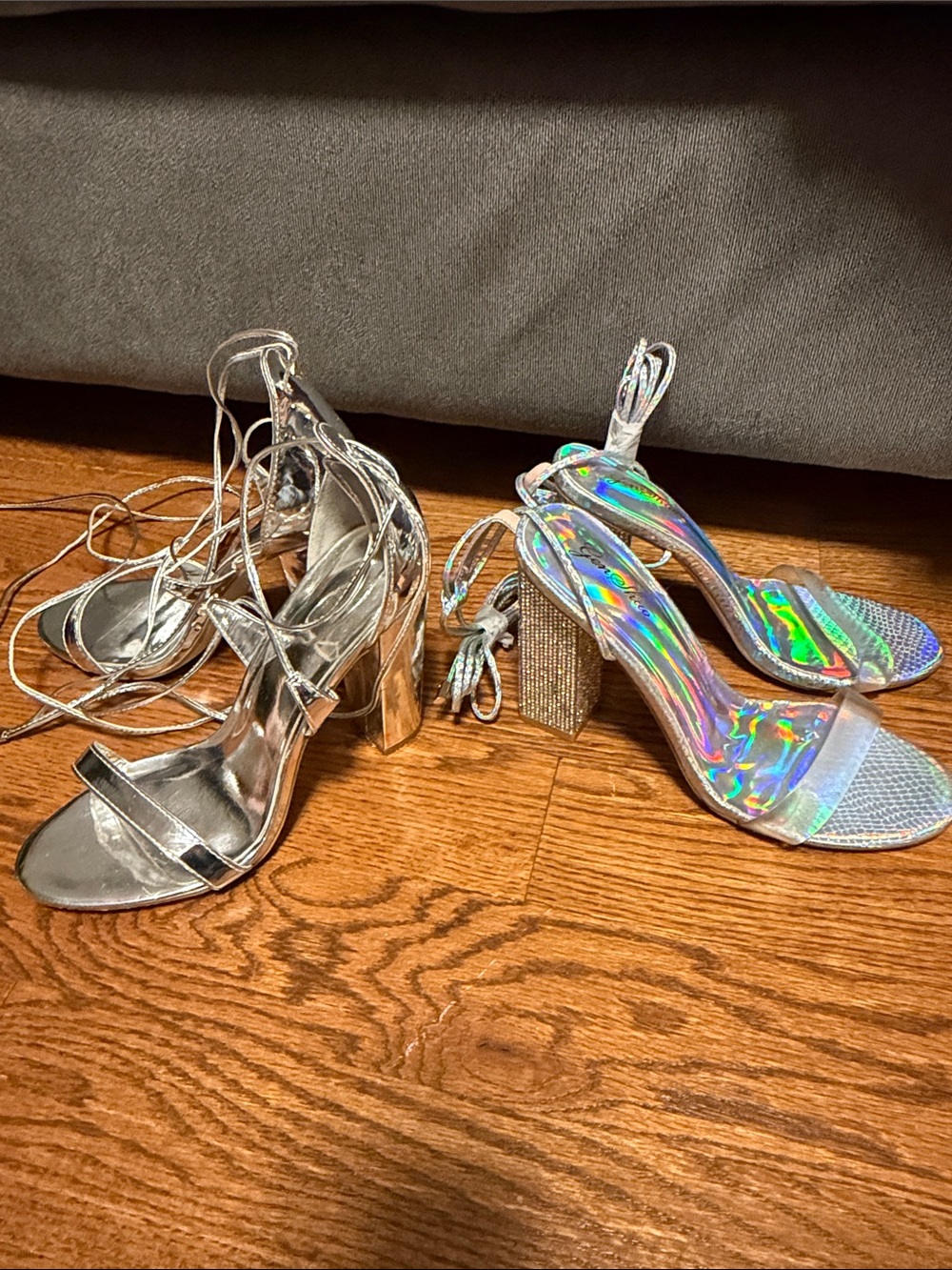 Silver 4" chunky heel sandals lace up gladiator open toe - size 8 -- 2 pair